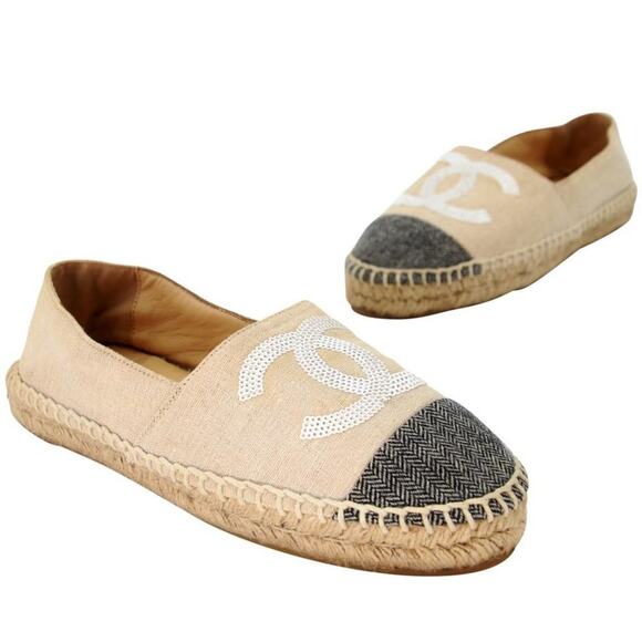 Chanel Espadrille 37 Glitter Fabric Leather Cc Cap Toe Flats CC-S0207P-C026 - Picture 2 of 11